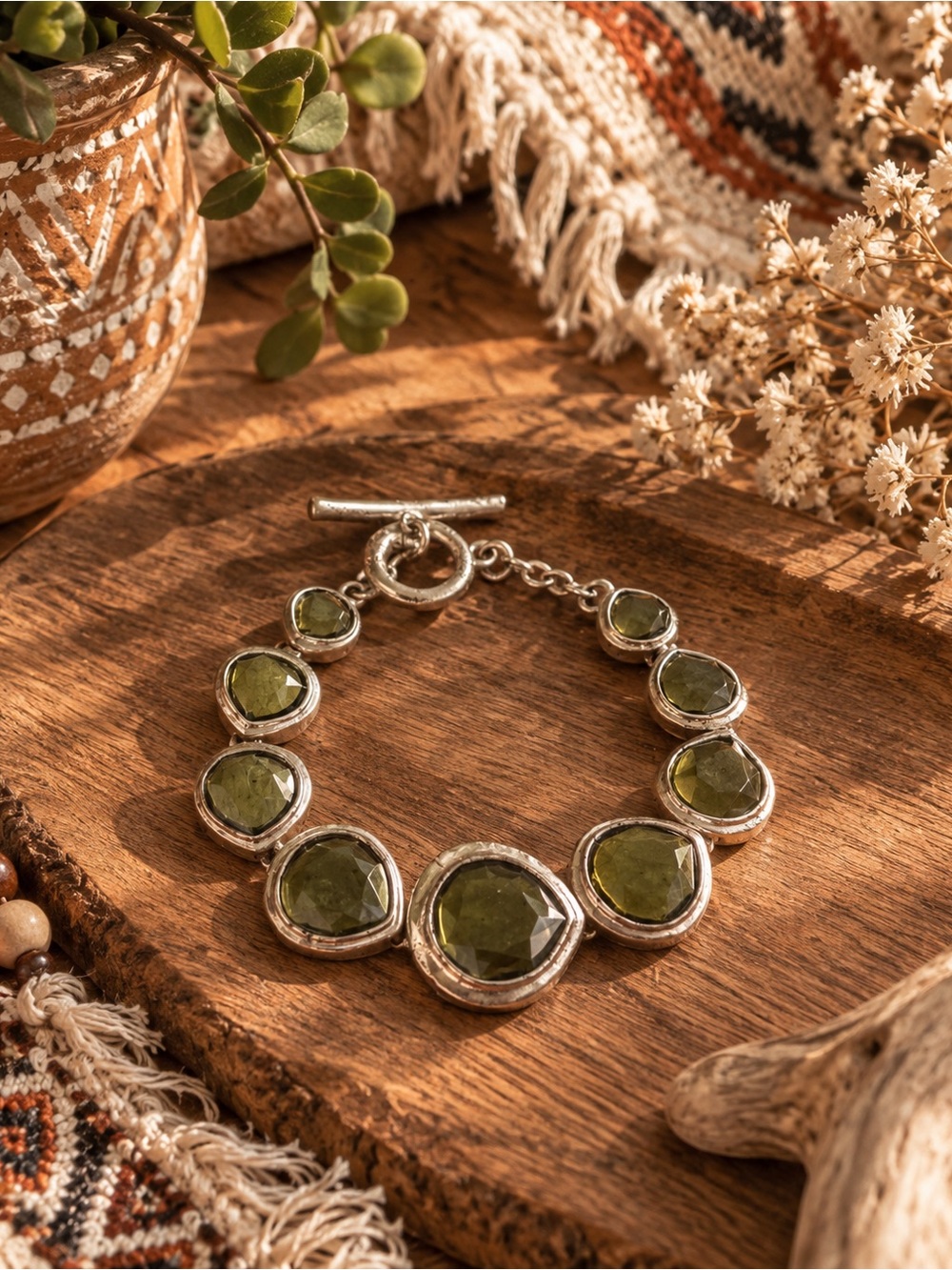 Vintage Boho Olive Green Gemstone Silver Bracelet - Women Jewelry